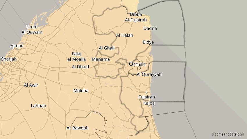 A map of Fujairah, United Arab Emirates, showing the path of the Aug 2, 2027 Total Solar Eclipse