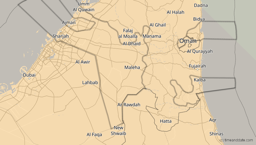 A map of Sharjah, United Arab Emirates, showing the path of the Aug 2, 2027 Total Solar Eclipse