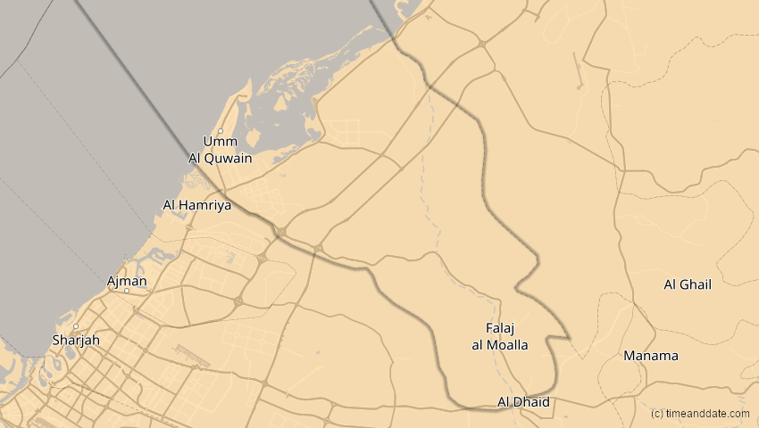 A map of Umm al-Qaiwain, Vereinigte Arabische Emirate, showing the path of the 2. Aug 2027 Totale Sonnenfinsternis