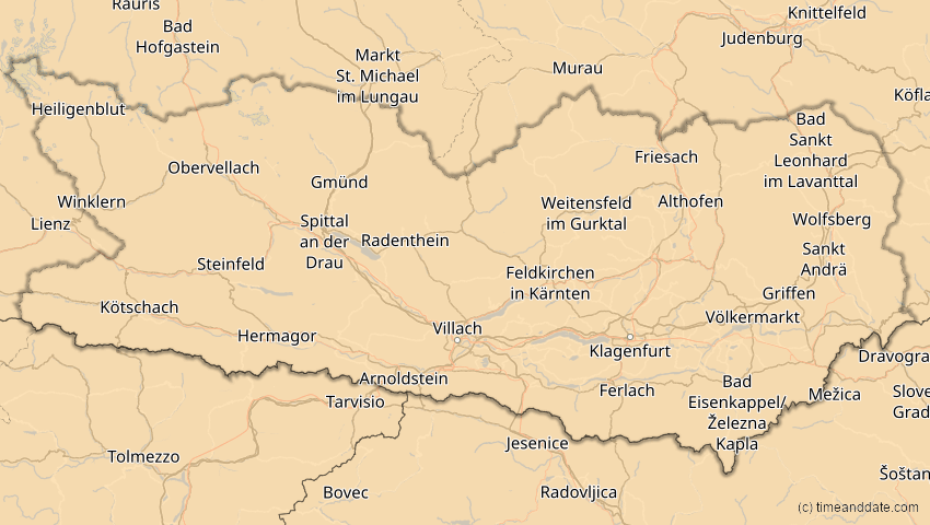A map of Kärnten, Österreich, showing the path of the 2. Aug 2027 Totale Sonnenfinsternis