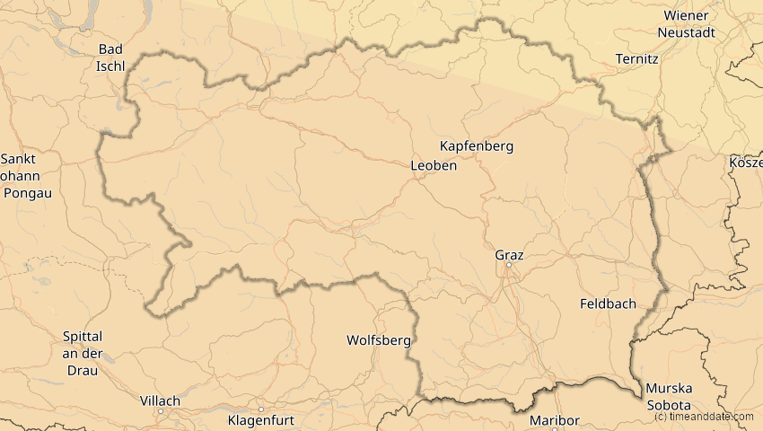 A map of Styria, Austria, showing the path of the Aug 2, 2027 Total Solar Eclipse