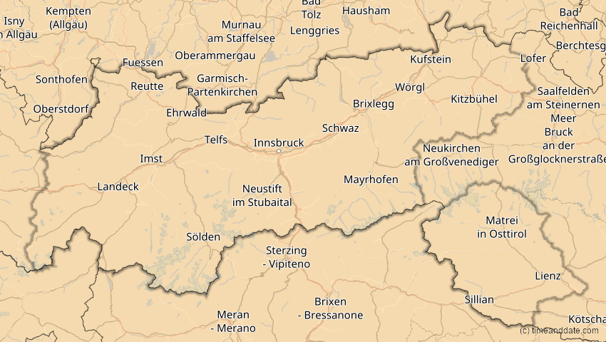 A map of Tirol, Österreich, showing the path of the 2. Aug 2027 Totale Sonnenfinsternis