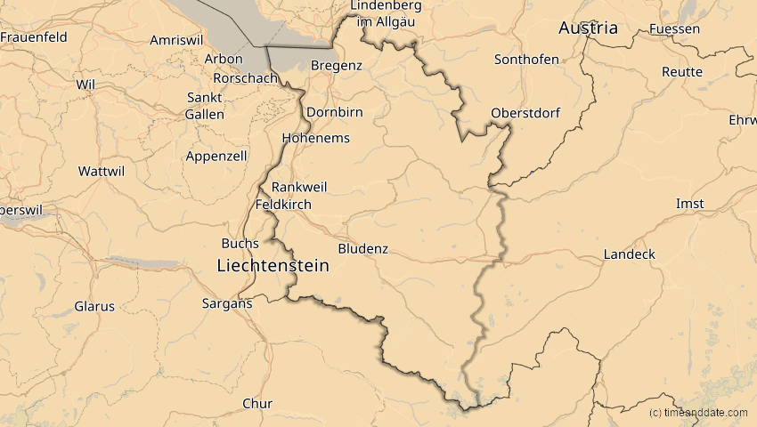 A map of Vorarlberg, Österreich, showing the path of the 2. Aug 2027 Totale Sonnenfinsternis
