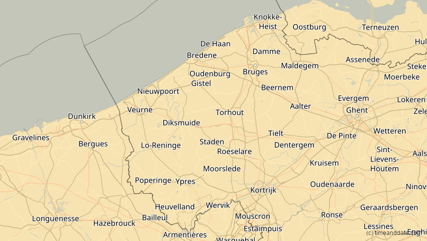 A map of West Flanders, Belgium, showing the path of the Aug 2, 2027 Total Solar Eclipse