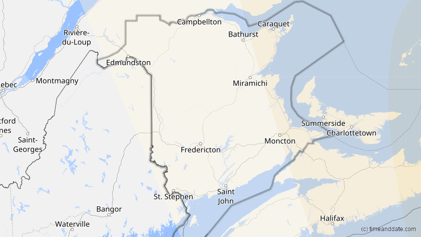 A map of New Brunswick, Canada, showing the path of the Aug 2, 2027 Total Solar Eclipse