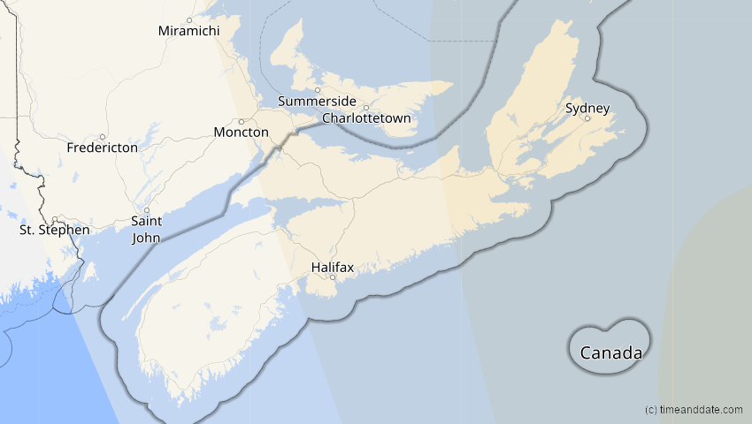 A map of Nova Scotia, Canada, showing the path of the Aug 2, 2027 Total Solar Eclipse