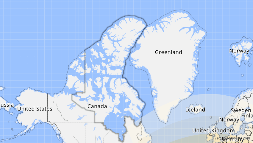 A map of Nunavut, Kanada, showing the path of the 2. Aug 2027 Totale Sonnenfinsternis