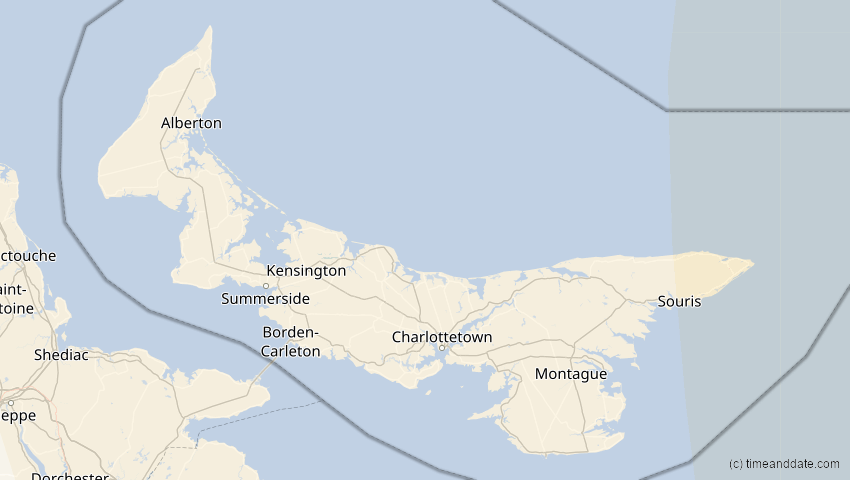 A map of Prince Edward Island, Kanada, showing the path of the 2. Aug 2027 Totale Sonnenfinsternis