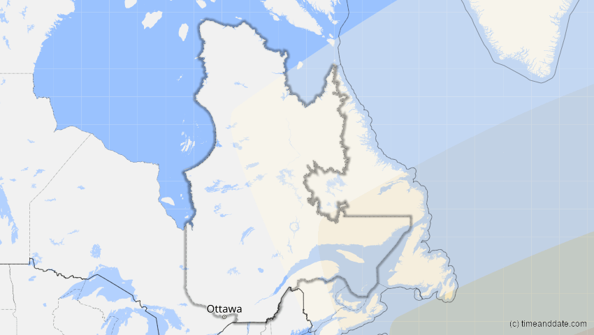 A map of Quebec, Canada, showing the path of the Aug 2, 2027 Total Solar Eclipse