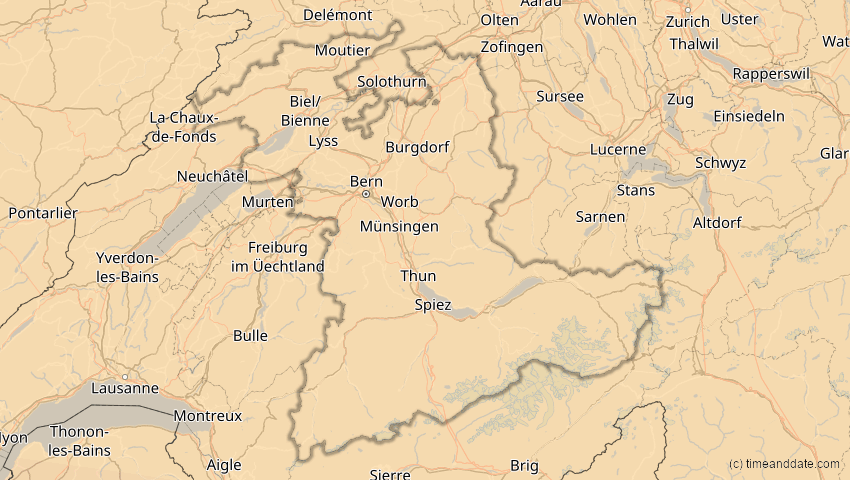 A map of Bern, Schweiz, showing the path of the 2. Aug 2027 Totale Sonnenfinsternis