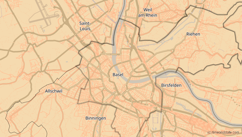 A map of Basel-Stadt, Schweiz, showing the path of the 2. Aug 2027 Totale Sonnenfinsternis