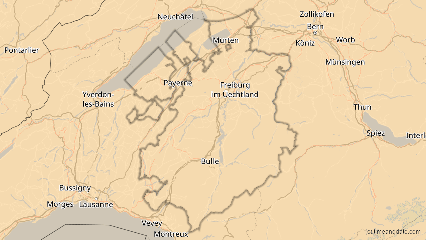 A map of Fribourg, Switzerland, showing the path of the Aug 2, 2027 Total Solar Eclipse