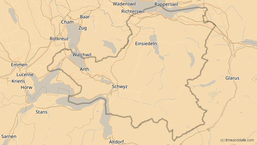 A map of Schwyz, Switzerland, showing the path of the Aug 2, 2027 Total Solar Eclipse