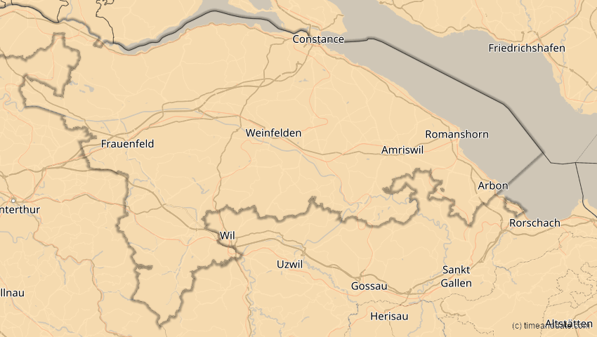A map of Thurgau, Switzerland, showing the path of the Aug 2, 2027 Total Solar Eclipse