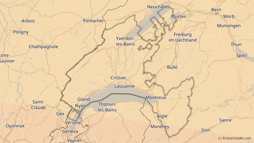 A map of Vaud, Switzerland, showing the path of the Aug 2, 2027 Total Solar Eclipse