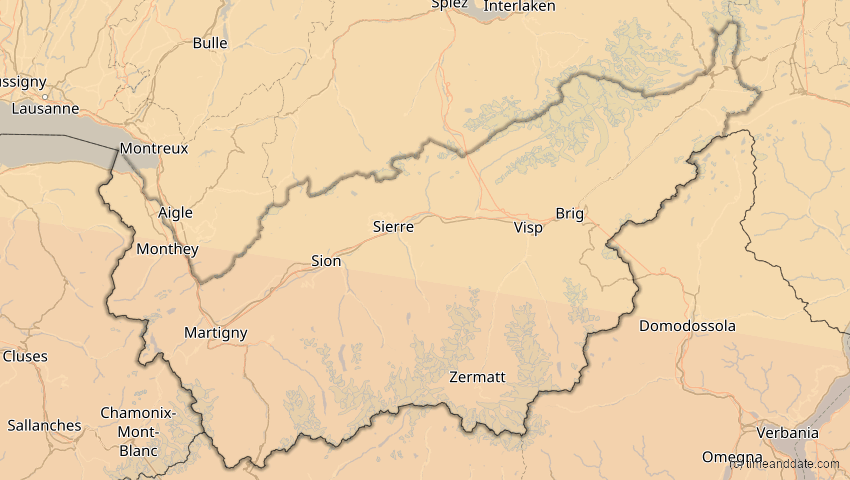 A map of Valais, Switzerland, showing the path of the Aug 2, 2027 Total Solar Eclipse