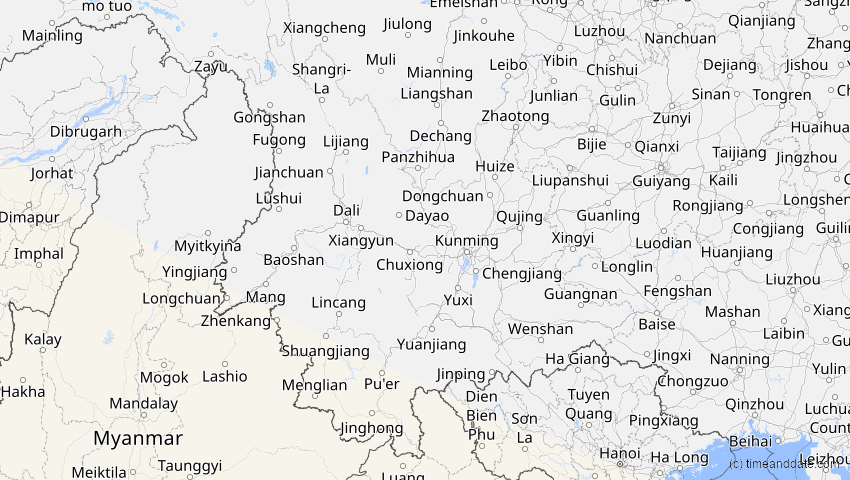 A map of Yunnan, China, showing the path of the 2. Aug 2027 Totale Sonnenfinsternis
