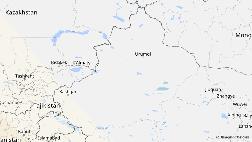 A map of Xinjiang, China, showing the path of the 2. Aug 2027 Totale Sonnenfinsternis