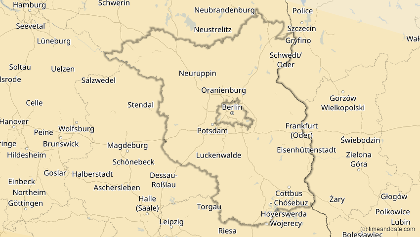A map of Brandenburg, Deutschland, showing the path of the 2. Aug 2027 Totale Sonnenfinsternis