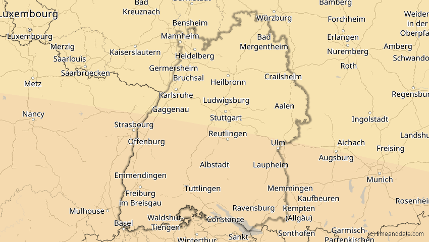 A map of Baden-Württemberg, Deutschland, showing the path of the 2. Aug 2027 Totale Sonnenfinsternis