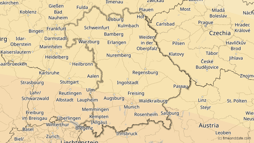 A map of Bayern, Deutschland, showing the path of the 2. Aug 2027 Totale Sonnenfinsternis