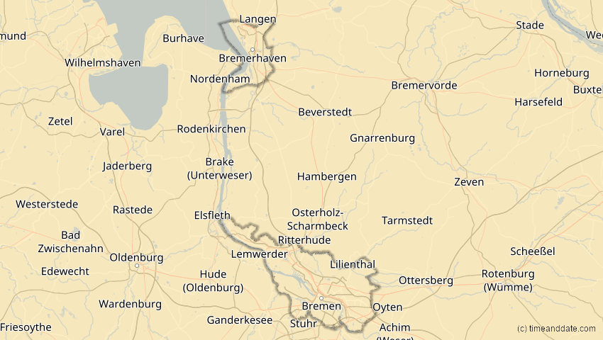A map of Bremen, Deutschland, showing the path of the 2. Aug 2027 Totale Sonnenfinsternis