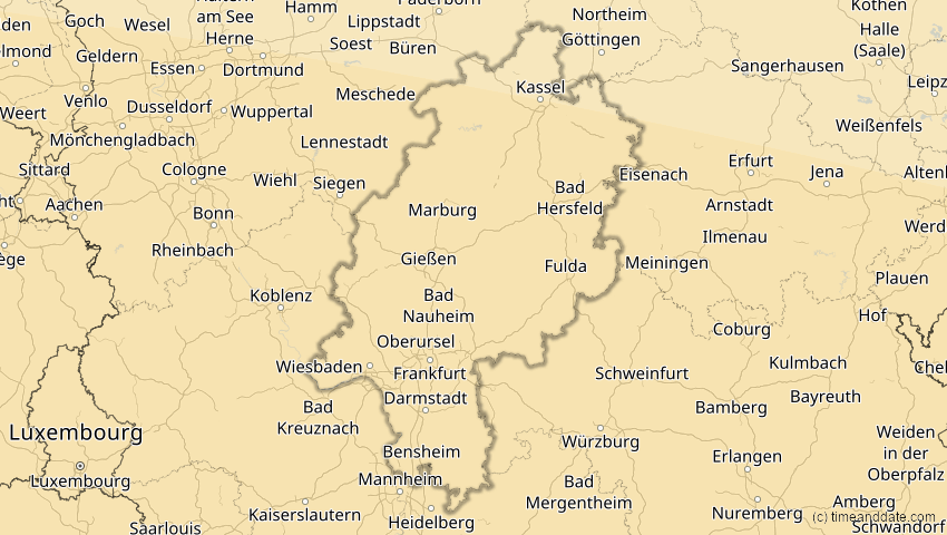 A map of Hessen, Deutschland, showing the path of the 2. Aug 2027 Totale Sonnenfinsternis