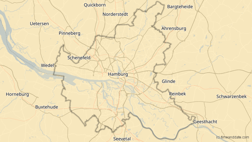 A map of Hamburg, Deutschland, showing the path of the 2. Aug 2027 Totale Sonnenfinsternis