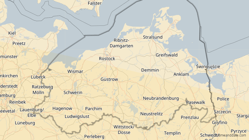 A map of Mecklenburg-Western Pomerania, Germany, showing the path of the Aug 2, 2027 Total Solar Eclipse