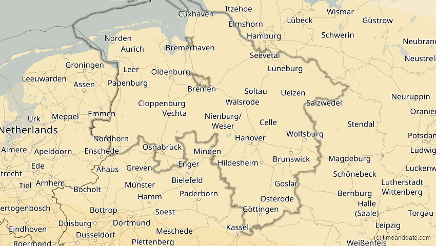 A map of Niedersachsen, Deutschland, showing the path of the 2. Aug 2027 Totale Sonnenfinsternis