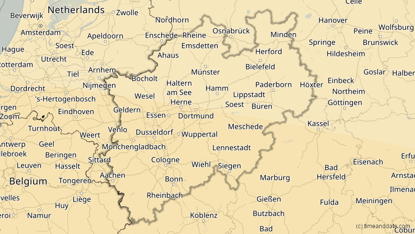 A map of North Rhine-Westphalia, Germany, showing the path of the Aug 2, 2027 Total Solar Eclipse