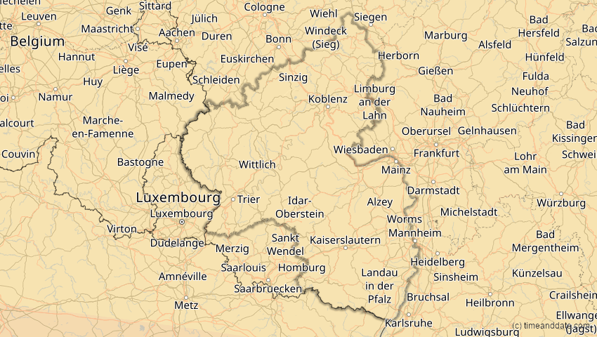 A map of Rheinland-Pfalz, Deutschland, showing the path of the 2. Aug 2027 Totale Sonnenfinsternis
