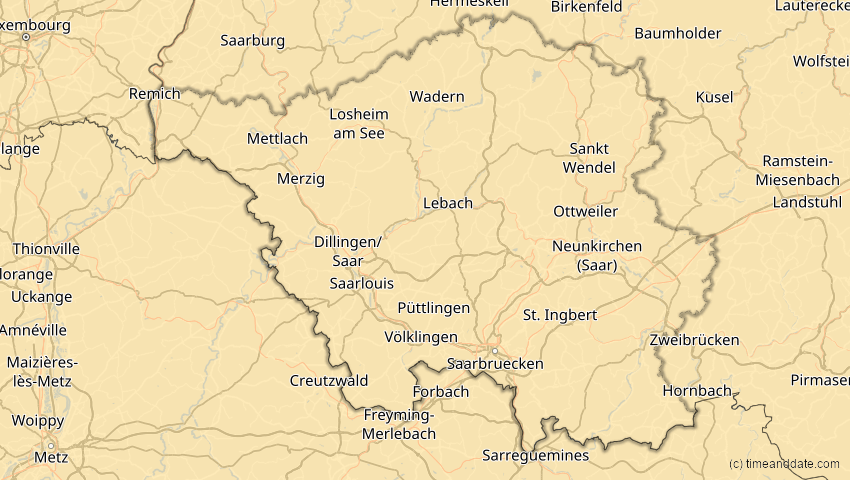 A map of Saarland, Deutschland, showing the path of the 2. Aug 2027 Totale Sonnenfinsternis