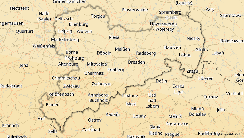 A map of Sachsen, Deutschland, showing the path of the 2. Aug 2027 Totale Sonnenfinsternis