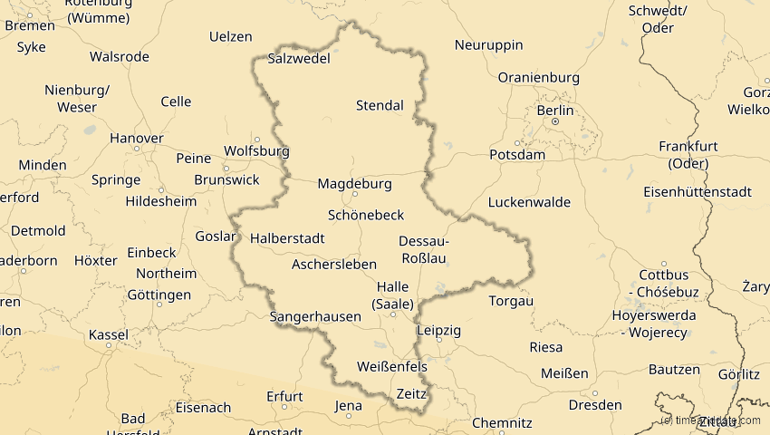A map of Sachsen-Anhalt, Deutschland, showing the path of the 2. Aug 2027 Totale Sonnenfinsternis
