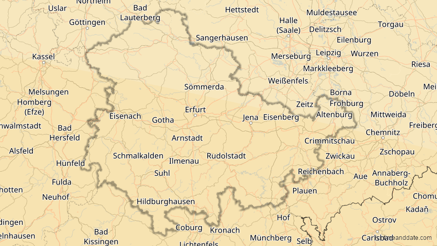 A map of Thüringen, Deutschland, showing the path of the 2. Aug 2027 Totale Sonnenfinsternis