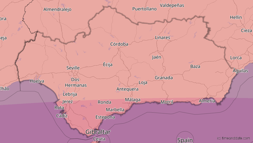 A map of Andalusien, Spanien, showing the path of the 2. Aug 2027 Totale Sonnenfinsternis