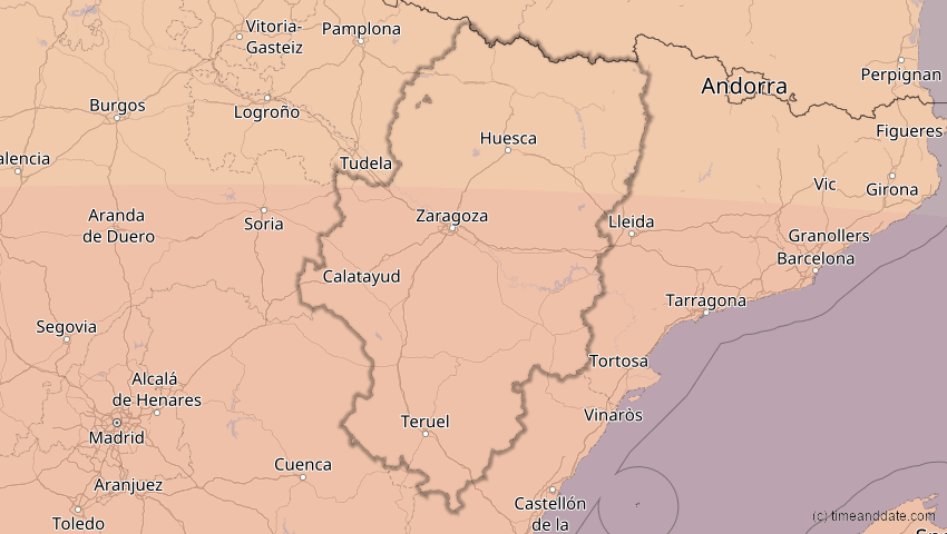 A map of Aragonien, Spanien, showing the path of the 2. Aug 2027 Totale Sonnenfinsternis