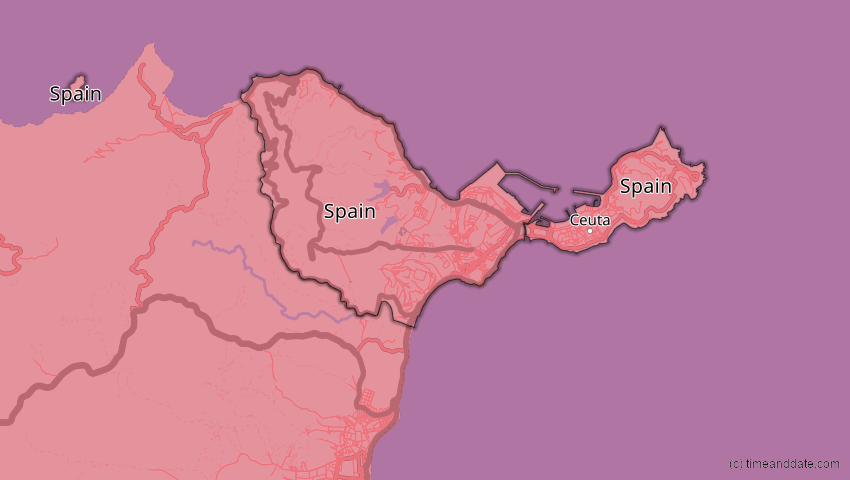 A map of Ceuta, Spanien, showing the path of the 2. Aug 2027 Totale Sonnenfinsternis
