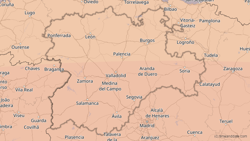 A map of Kastilien und León, Spanien, showing the path of the 2. Aug 2027 Totale Sonnenfinsternis