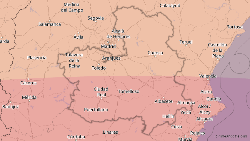 A map of Castile-La Mancha, Spain, showing the path of the Aug 2, 2027 Total Solar Eclipse
