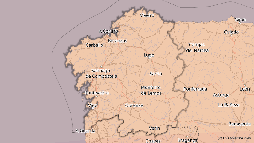 A map of Galicien, Spanien, showing the path of the 2. Aug 2027 Totale Sonnenfinsternis