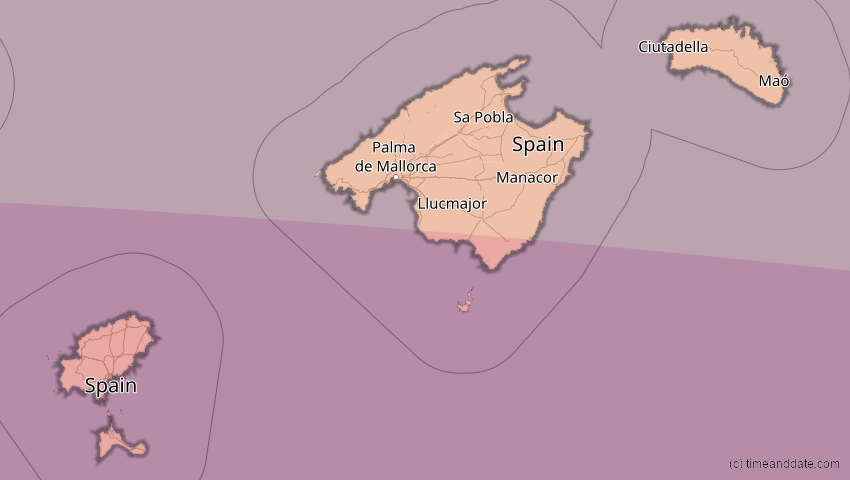 A map of Balearische Inseln, Spanien, showing the path of the 2. Aug 2027 Totale Sonnenfinsternis