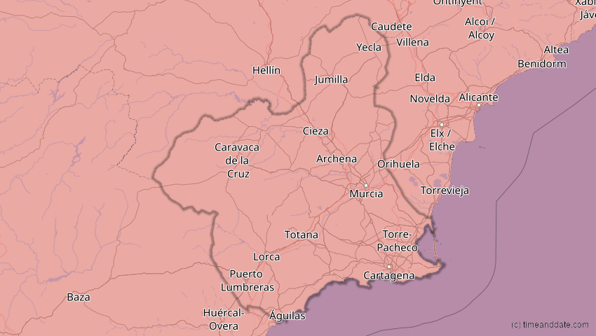 A map of Murcia, Spanien, showing the path of the 2. Aug 2027 Totale Sonnenfinsternis