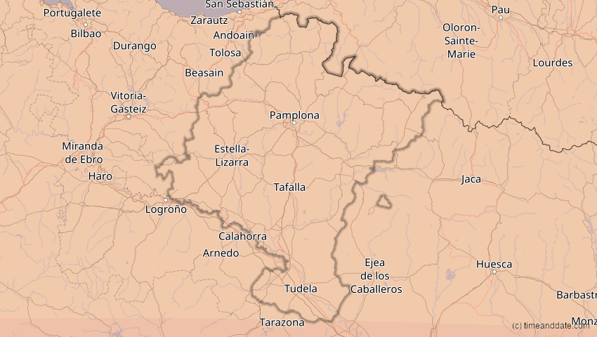 A map of Navarra, Spanien, showing the path of the 2. Aug 2027 Totale Sonnenfinsternis