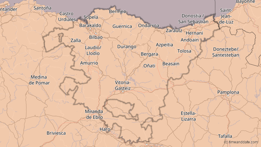 A map of Basque Country, Spain, showing the path of the Aug 2, 2027 Total Solar Eclipse