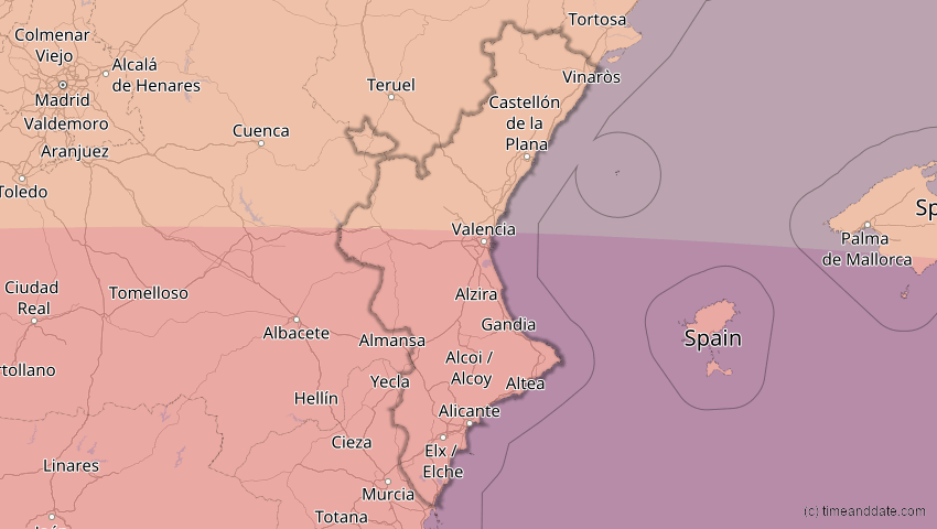 A map of Valencia, Spain, showing the path of the Aug 2, 2027 Total Solar Eclipse