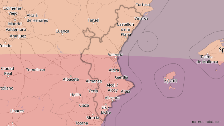 A map of Valencia, Spanien, showing the path of the 2. Aug 2027 Totale Sonnenfinsternis