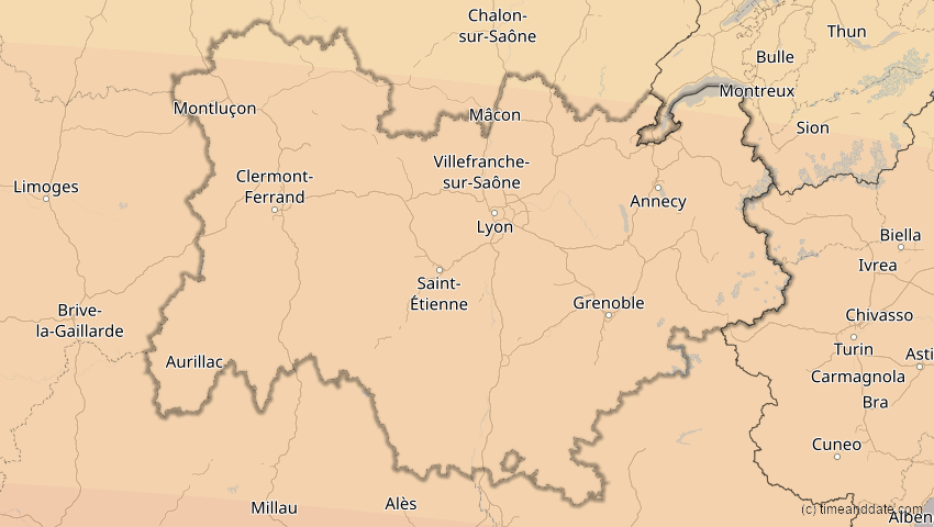 A map of Auvergne-Rhône-Alpes, Frankreich, showing the path of the 2. Aug 2027 Totale Sonnenfinsternis