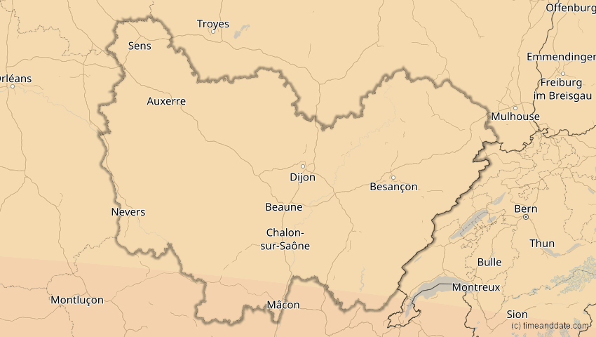 A map of Bourgogne-Franche-Comté, France, showing the path of the Aug 2, 2027 Total Solar Eclipse